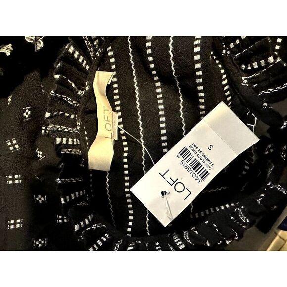 Loft NWT Clip Stripe Ruffle Tie Neck Blouse in Black Size S - Picture 6 of 7